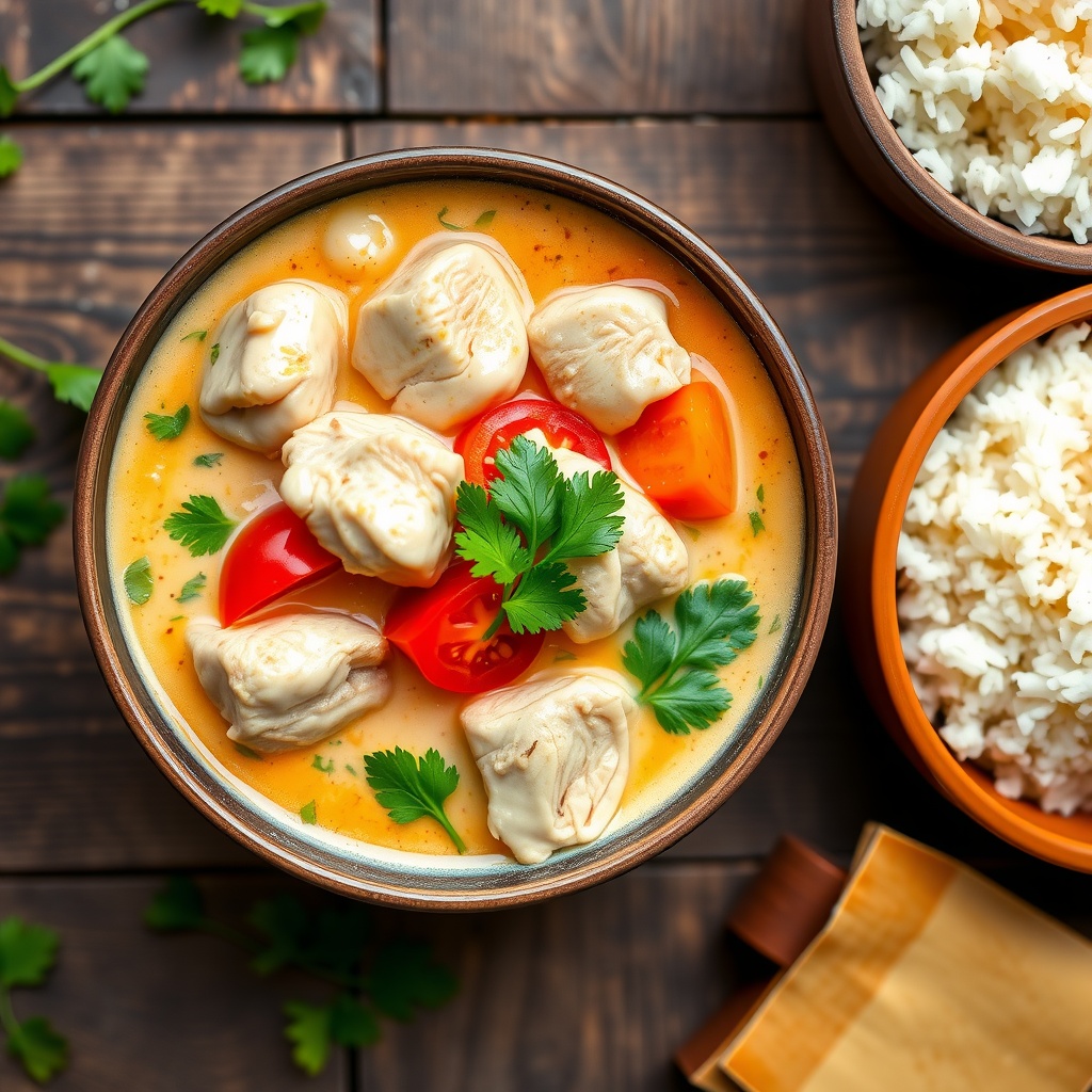 A bowl of Brazilian chicken stew in coconut milk, garnished with herbs, served with rice on a rustic table.